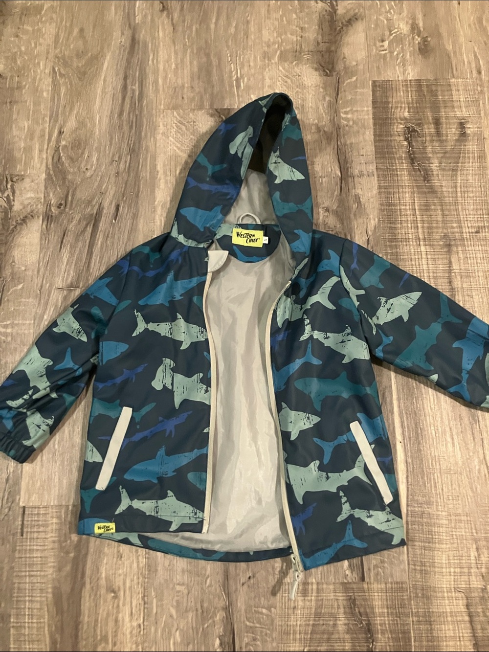 Western Chief Kids Shark Pattern Hooded Raincoat - Navy Teal